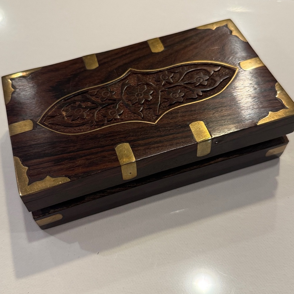Wooden carved Jewelry Box with Brass Inlay